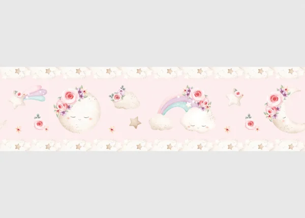 Dětská samolepící bordura na zeď Růžový Akvarelový Měsíc | 5 m x 13.8 cm | DWBD8049