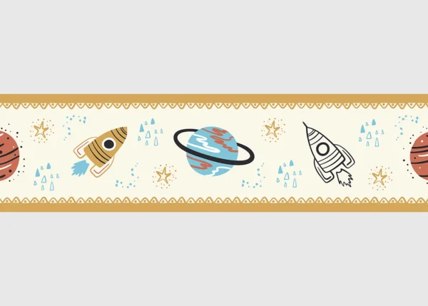 Dětská samolepící bordura na zeď Světle Žlutý Vesmír | 5 m x 13.8 cm | DWBD8057