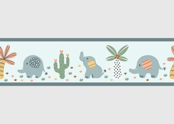Dětská samolepící bordura na zeď Modří Sloni | 5 m x 13.8 cm | DWBD8505