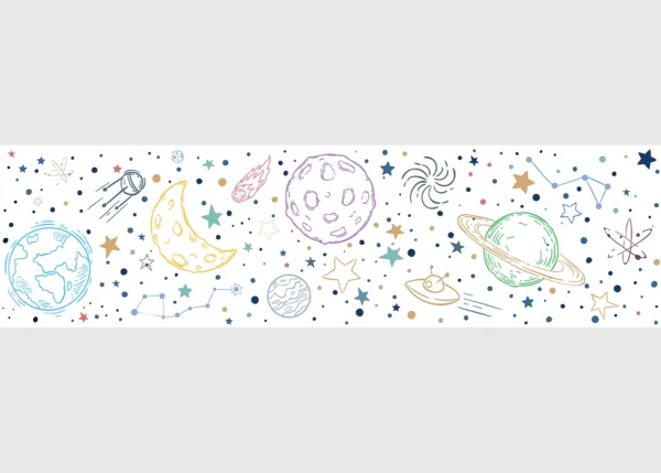 Dětská samolepící bordura na zeď Bílý Kreslený Vesmír | 5 m x 13.8 cm | DWBD8531