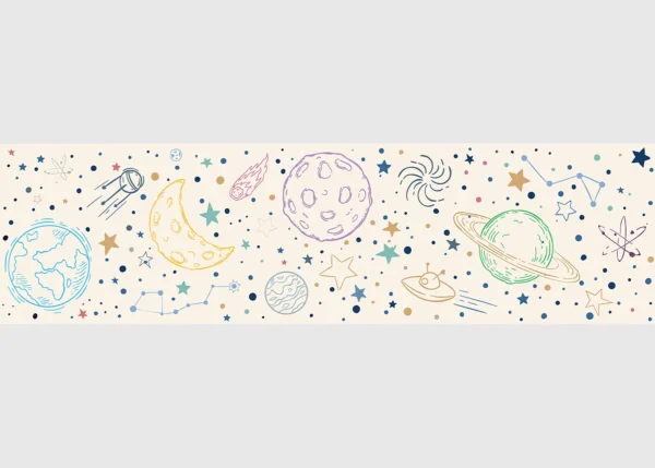 Dětská samolepící bordura na zeď Béžový Kreslený Vesmír | 5 m x 13.8 cm | DWBD8533