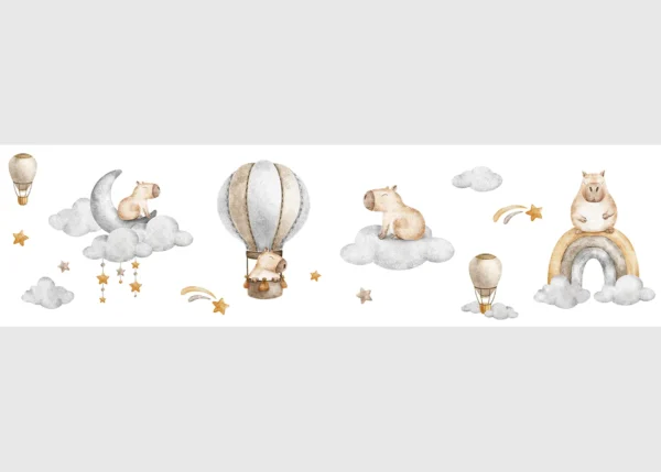 Dětská samolepící bordura na zeď Roztomilá Akvarelová Kapybara | 5 m x 13.8 cm | DWBD8535