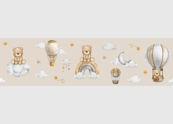 Dětská samolepící bordura na zeď Roztomilý Medvídek na Obloze na Hnědé | 5 m x 13.8 cm | DWBD8537
