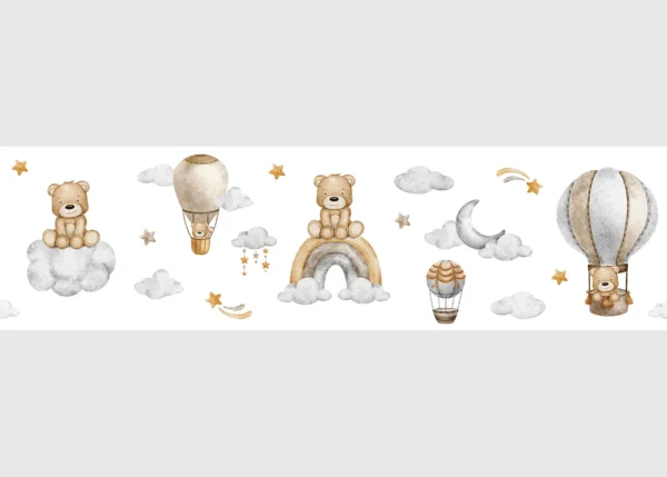 Dětská samolepící bordura na zeď Roztomilý Medvídek na Obloze na Bílé | 5 m x 13.8 cm | DWBD8539
